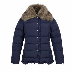 Per Una Navy Feather & Down Puffer Jacket Faux Fur Collar Ruffle Hem, M